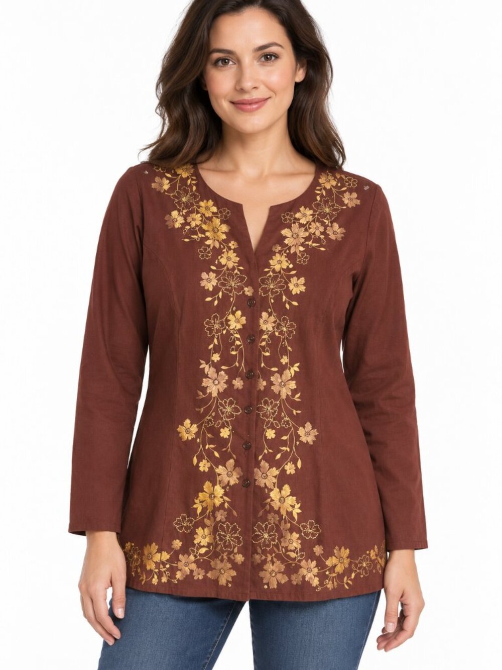 Boho Vintage Floral Embroidered Linen Blend Button Front Top Brown Gold M
